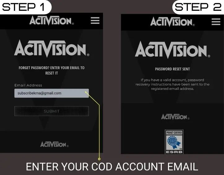 Activision Account Password Recovery page
